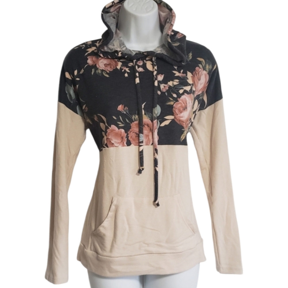 Staccato Womens Medium Colorblock Floral Lightweight Long Sleeve Hoodie Pink